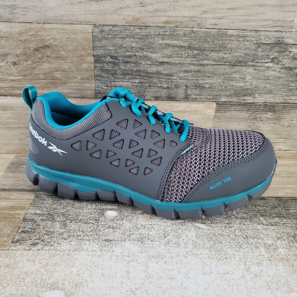 Reebok Sublite Cushion Work Shoes Womens Sz 8.5 W Gray Turquoise Mesh Alloy Toe